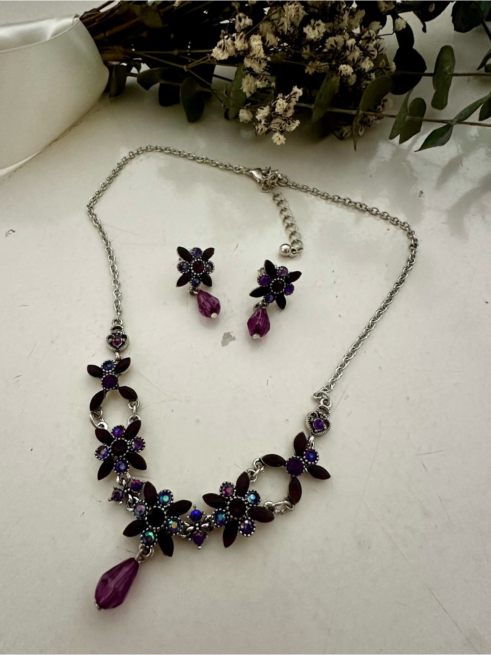 Avon Purple Floral Crystal Necklace and Drop Earrings Set - Silver-Tone